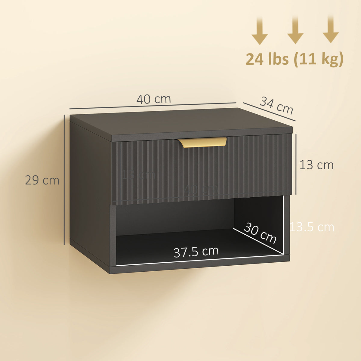 Black floating bedside table with open compartment and drawer front, size markings shown.