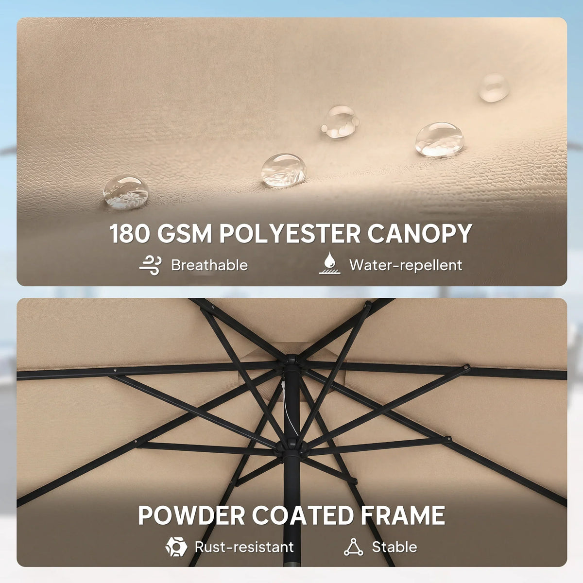 Khaki polyester umbrella canopy with black cross-frame ribs and powder-coated frame