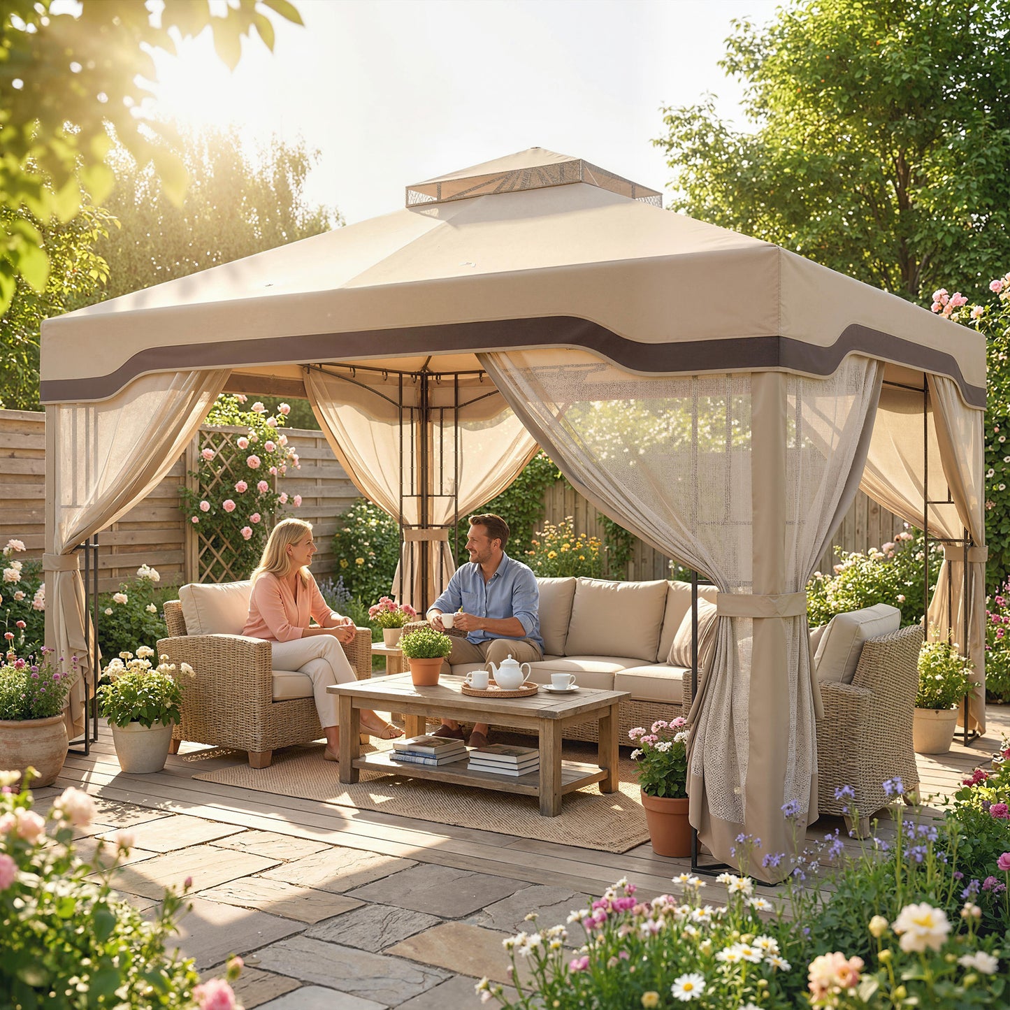 Outsunny 3 x 3.6 m Outdoor Garden Gazebo With Post Shelves UPF50 Plus Patio Permanent Pavilion With Hook Khaki