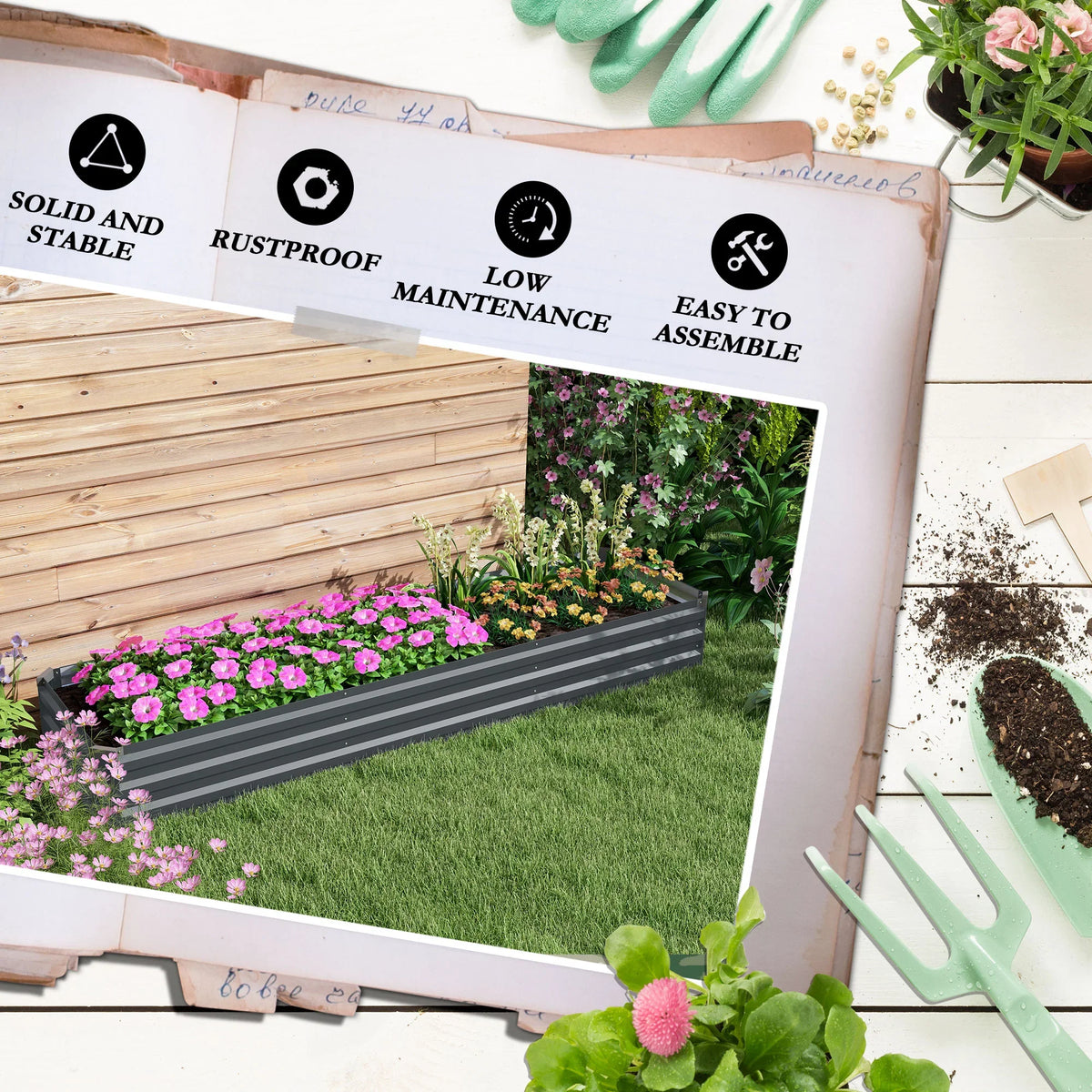 Galvanized steel planter box on grass with blooming flowers, shown with feature icons