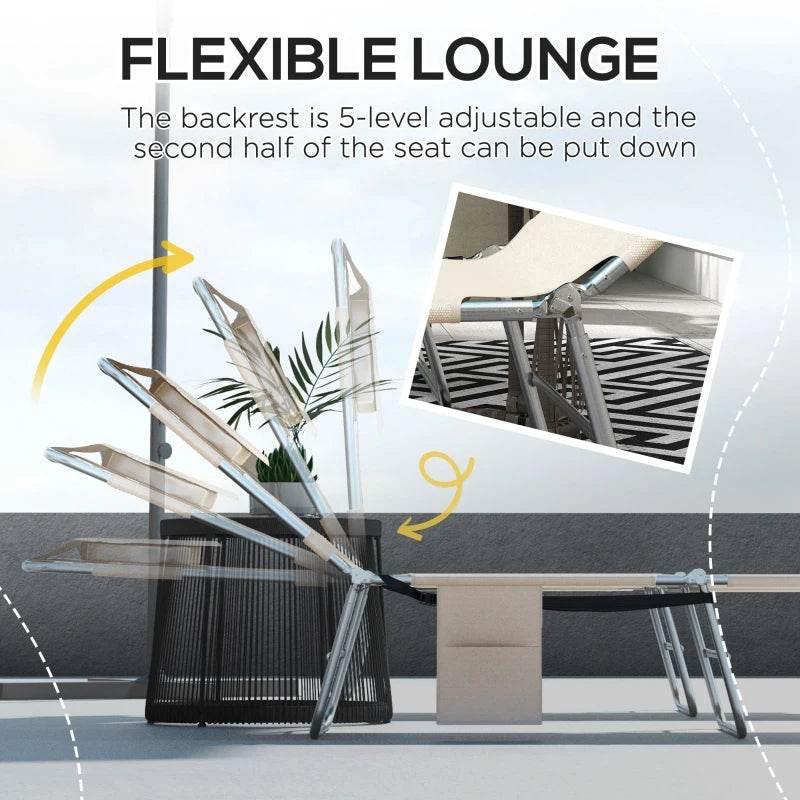 Beige foldable sun lounger set of 2 with reclined backrest, reading hole cutout
