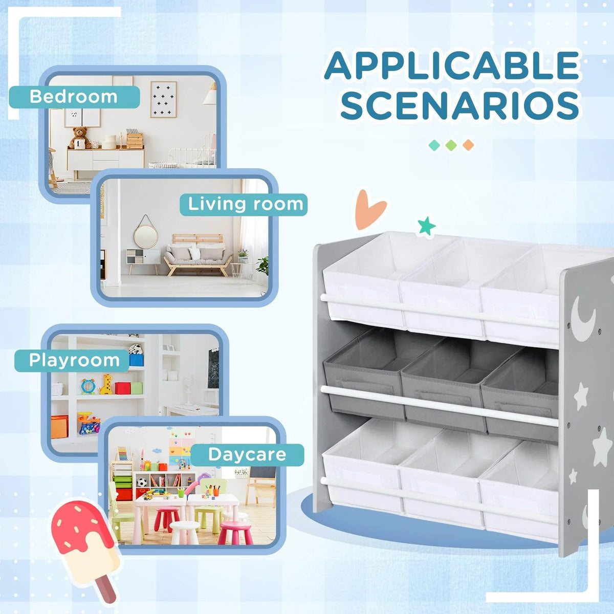 Gray nursery storage unit with 9 removable bins on three levels
