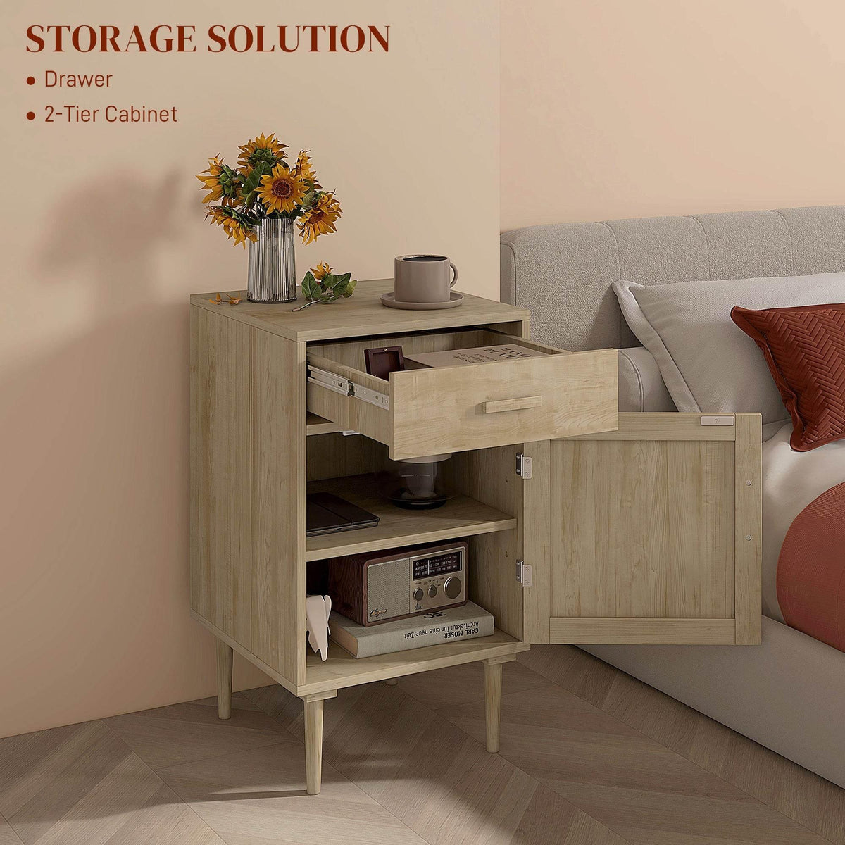 Light wood nightstand with front drawer and two-tier storage cabinet, open sides