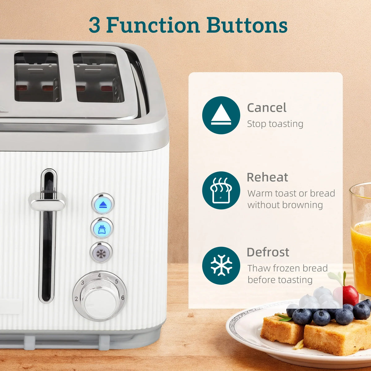 White toaster showing three function buttons: cancel, reheat, defrost