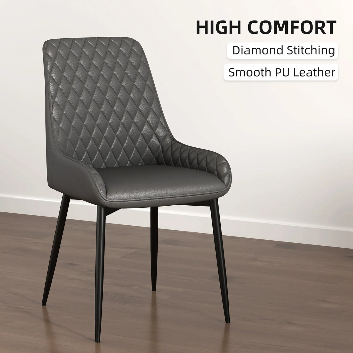 Grey quilted PU leather dining chair with diamond stitching and padded armrests