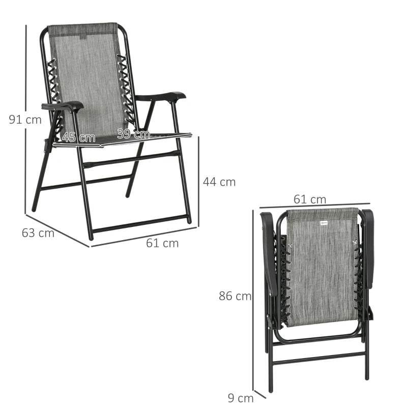 Grey mesh folding patio chair with armrests and black steel frame, size diagram
