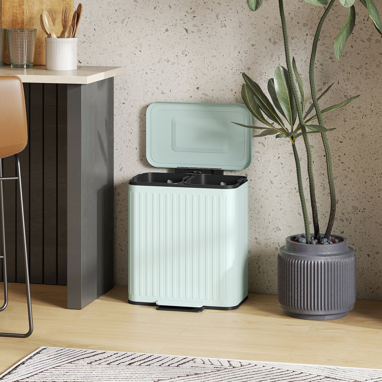 HOMCOM 40L Dual Compartment Rubbish Bin With Pedal And Soft Close Lid For Kitchen Stay Open Lid Green