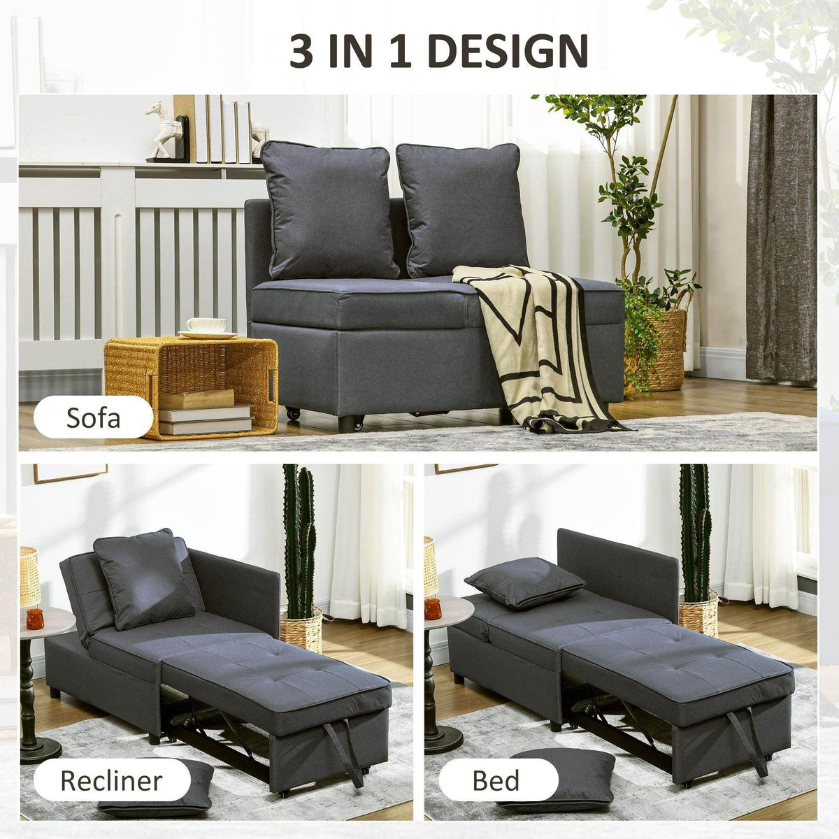 Grey convertible chair bed with 3-in-1 modes: sofa, recliner, and bed