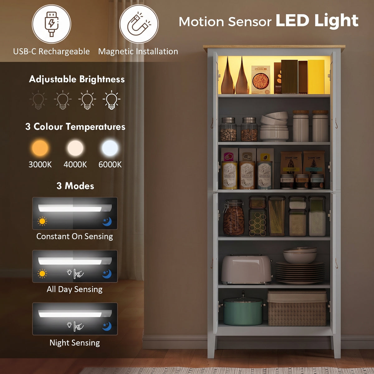 Grey pantry cupboard with motion-sensor LED light illuminating interior shelves