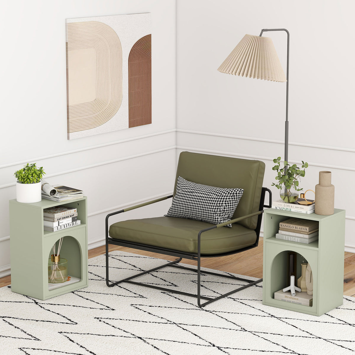 Set of two green bedside tables with open shelves and arched front cutouts.