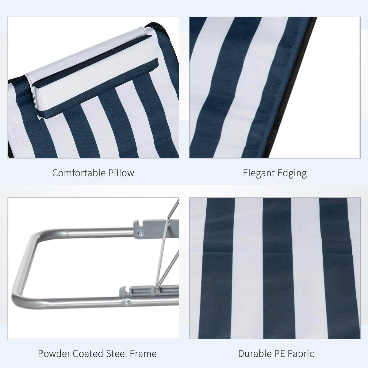 Beach chair set details: striped pillow, powder-coated steel frame, durable PE fabric