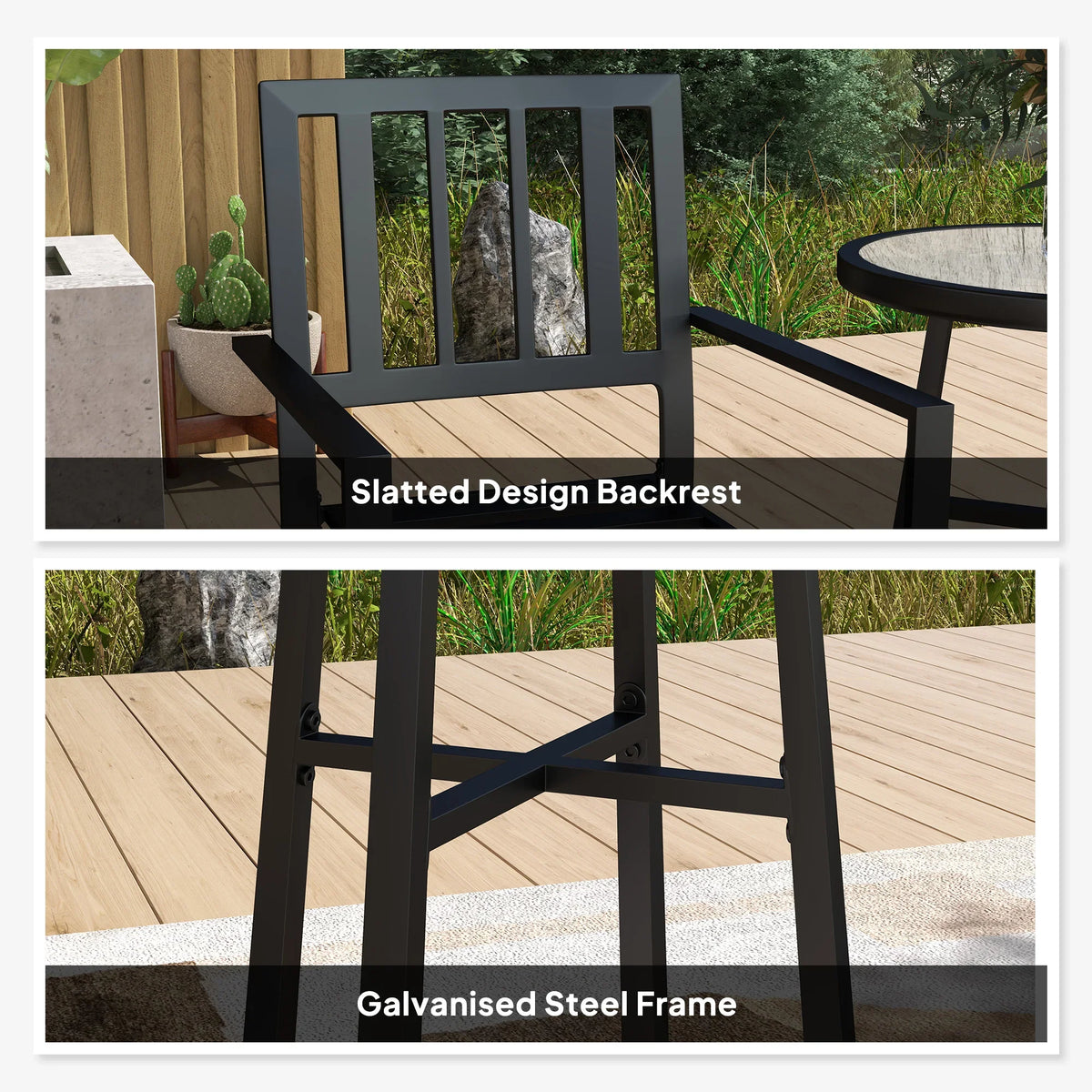 Patio chair with slatted backrest and black galvanized steel frame