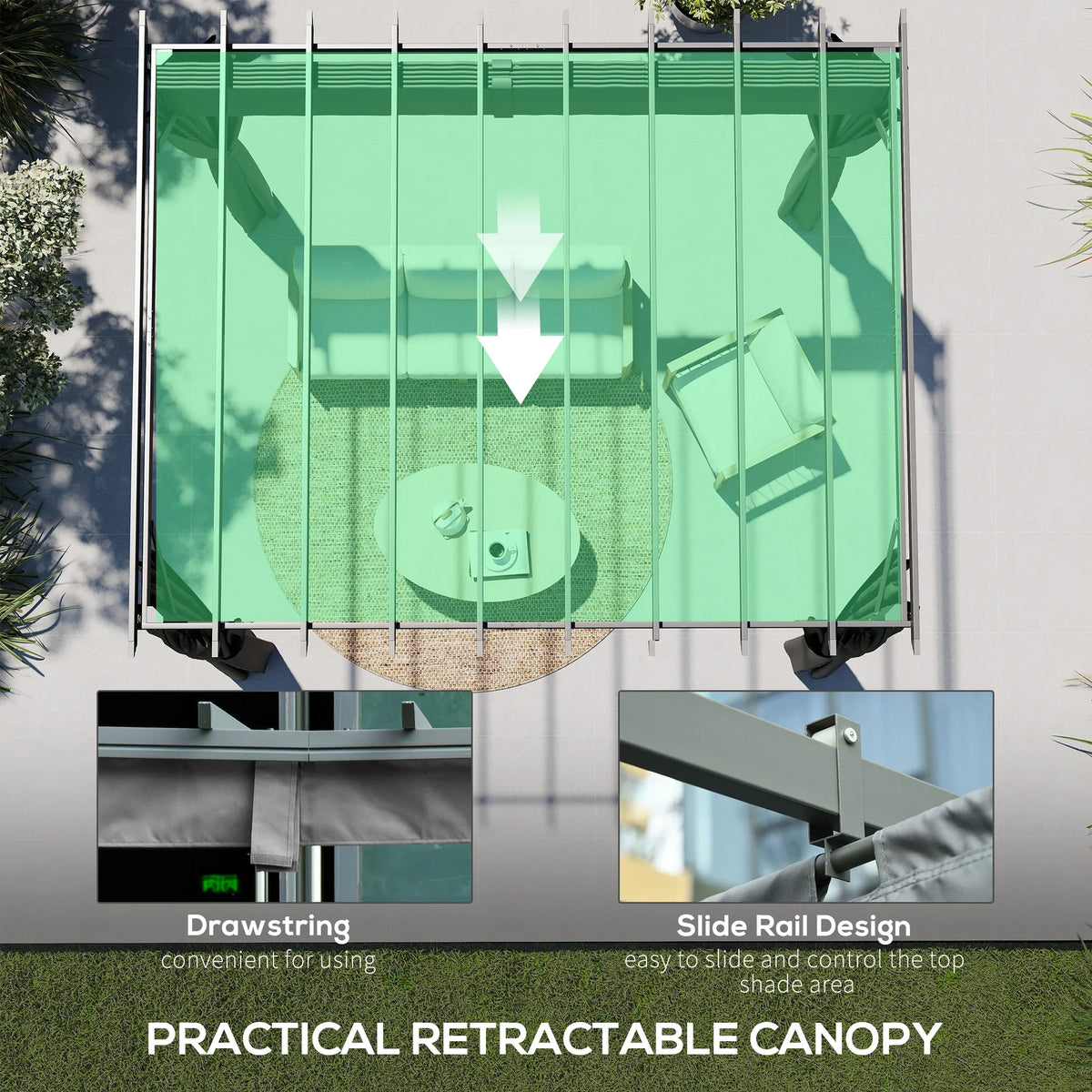 Retractable canopy with drawstring and slide rail, plus dark grey side curtains