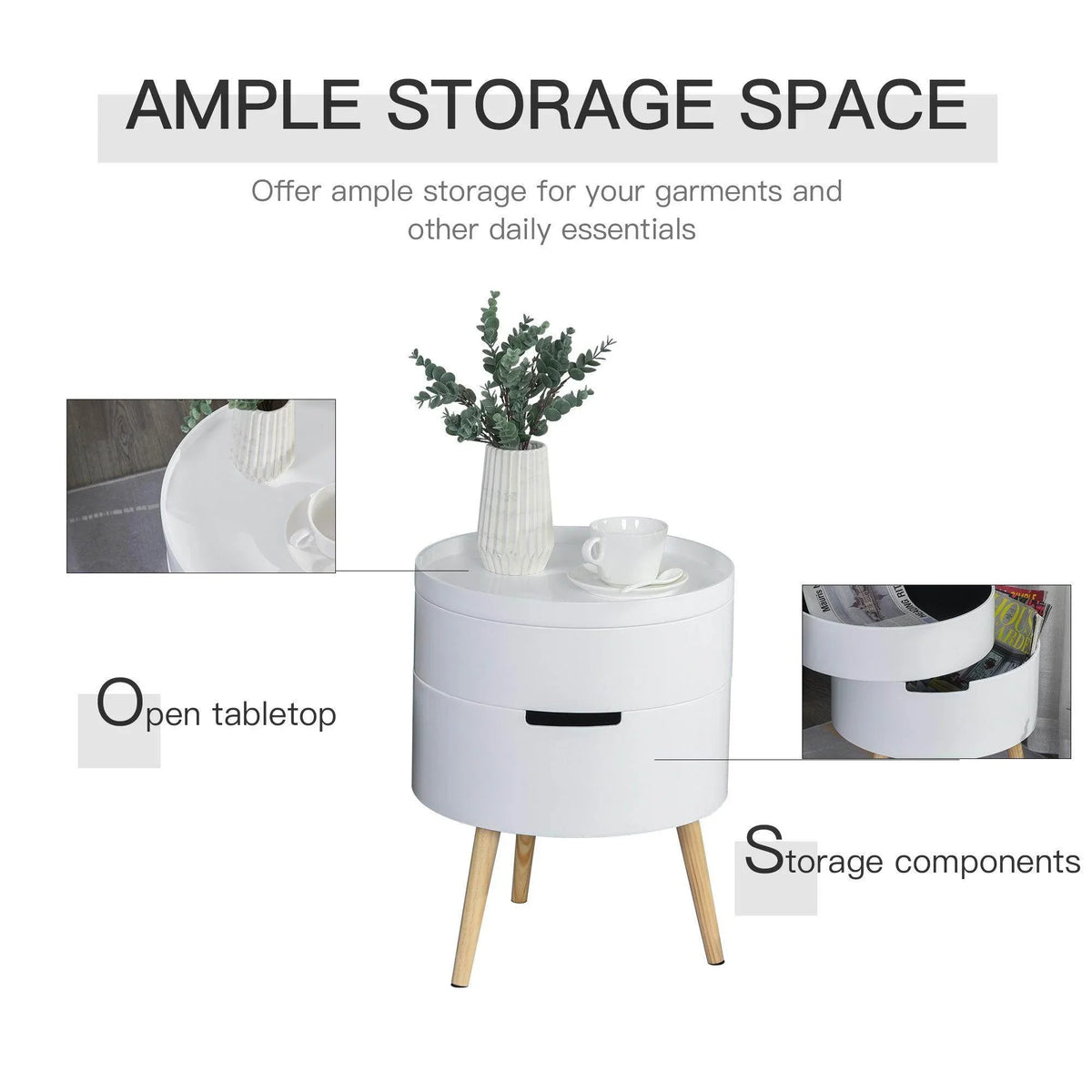 White round side table with open tabletop for storage access, hidden handle drawer