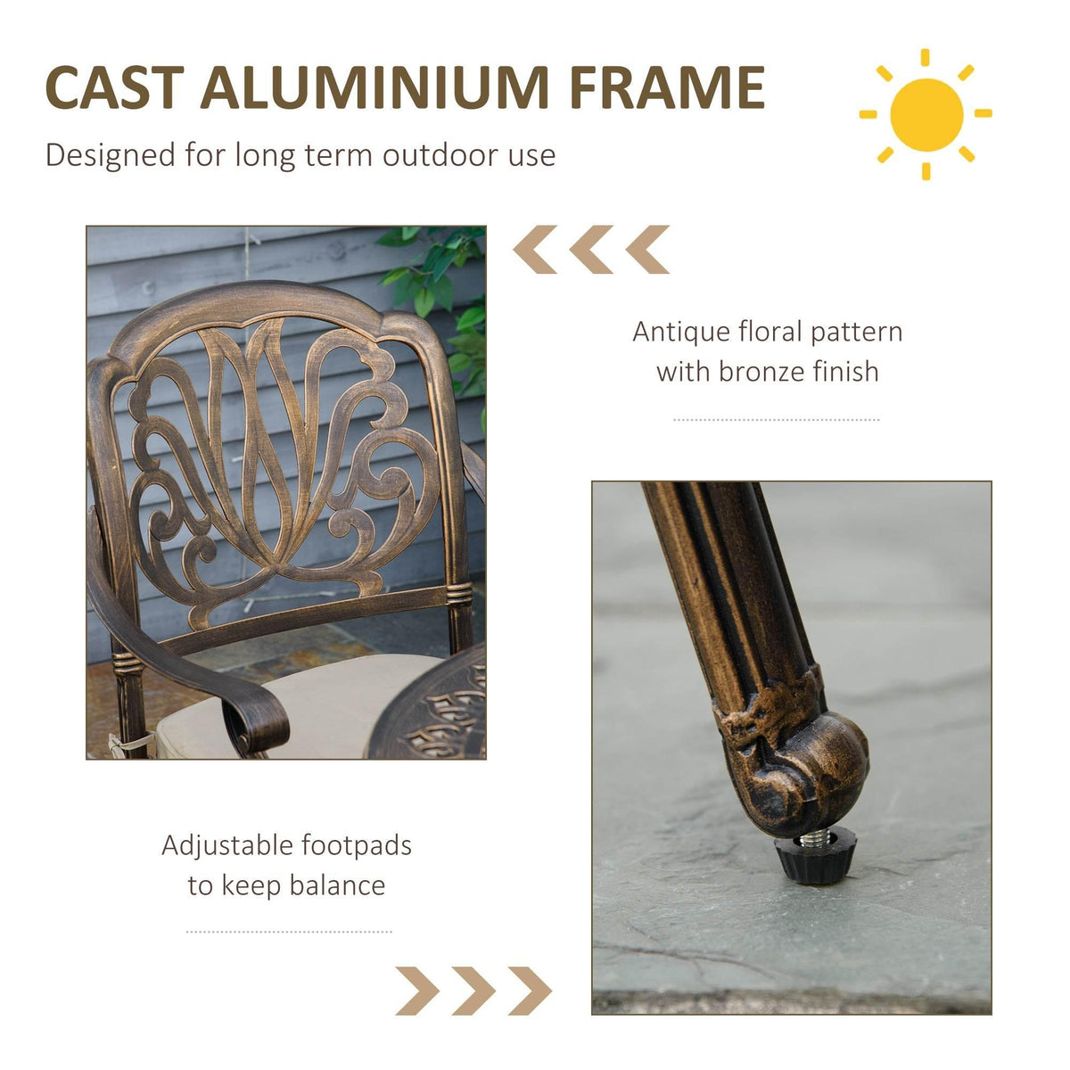 Bronze cast aluminum table frame with antique floral pattern and adjustable footpads