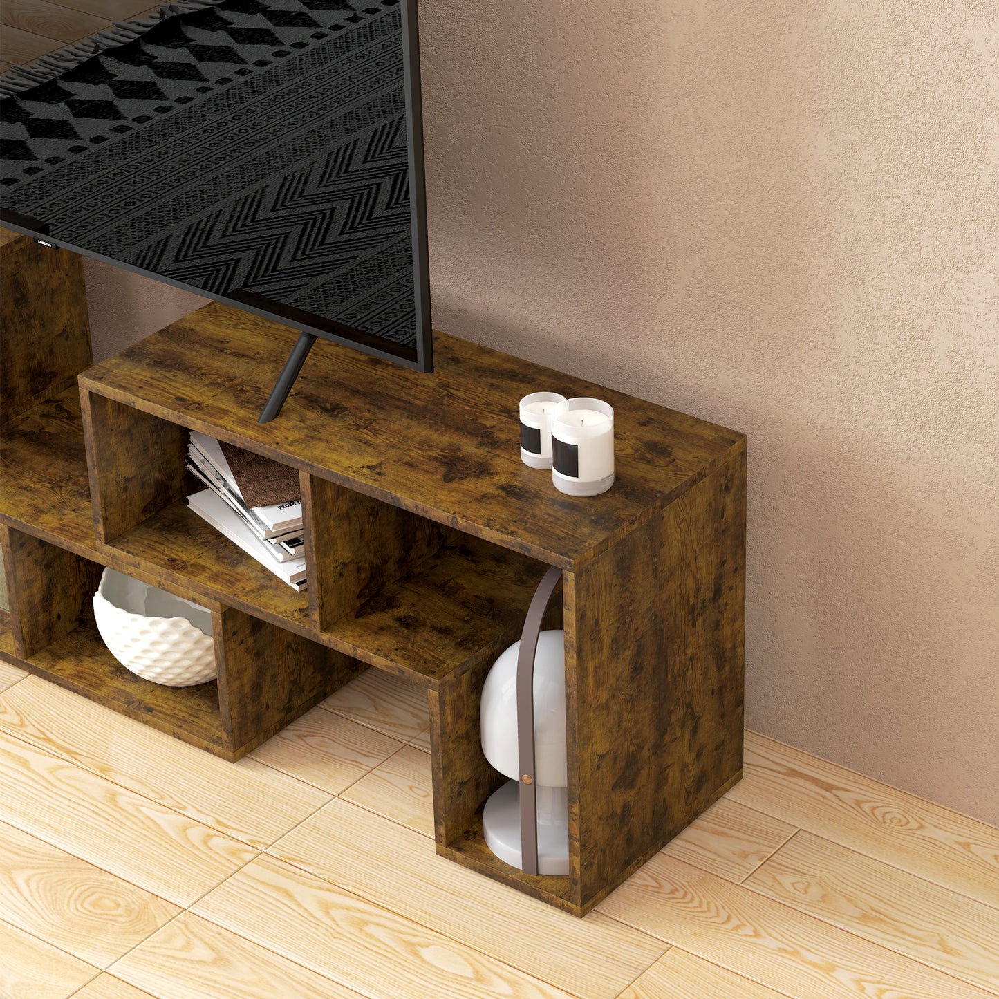 HOMCOM Three Block Modular TV Stand Rustic Brown With Two L Shaped And One Rectangular Block Six Shelves