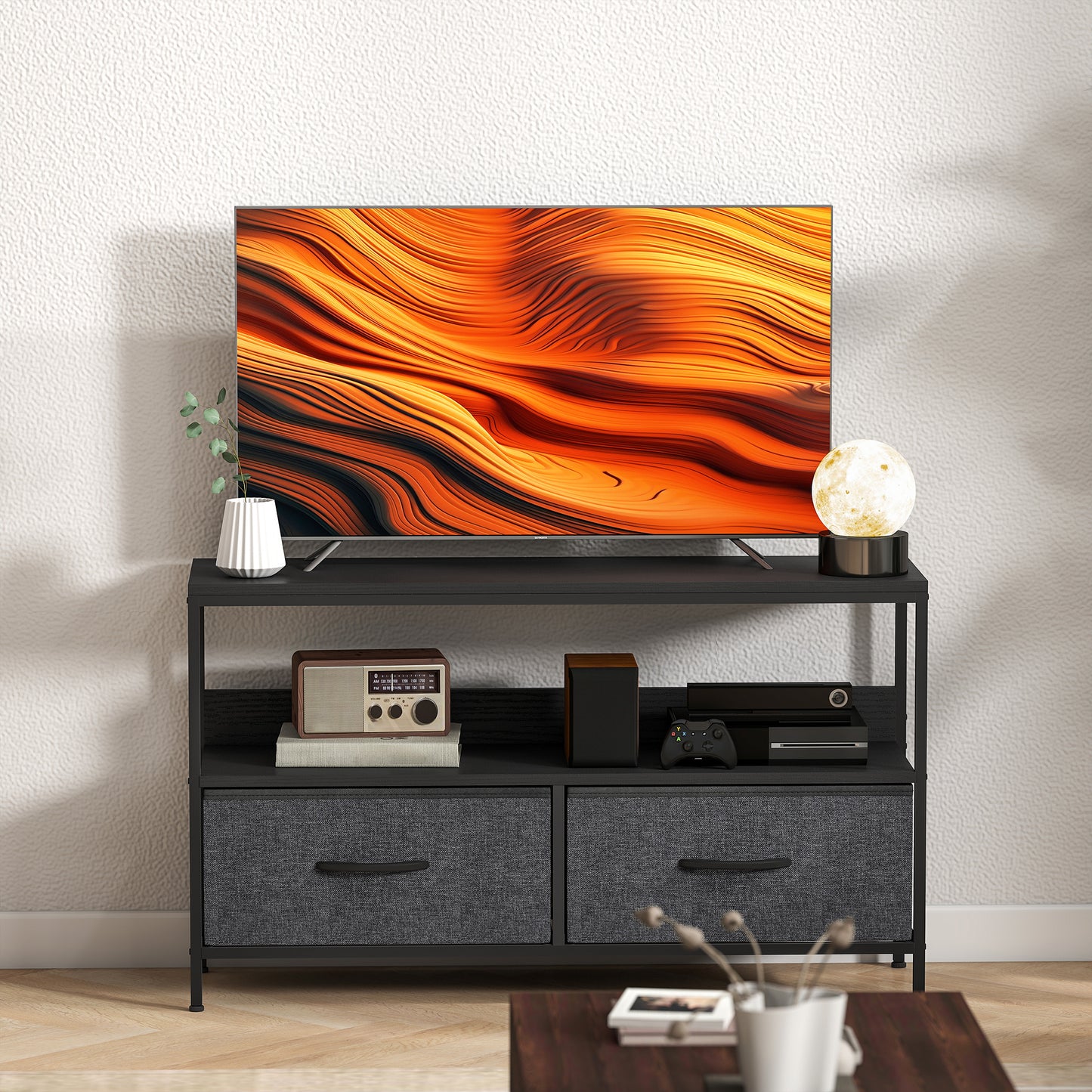 HOMCOM Two Tone Black TV Stand Cabinet With Two Foldable Drawers For Up To 47 Inch TV Entertainment Center