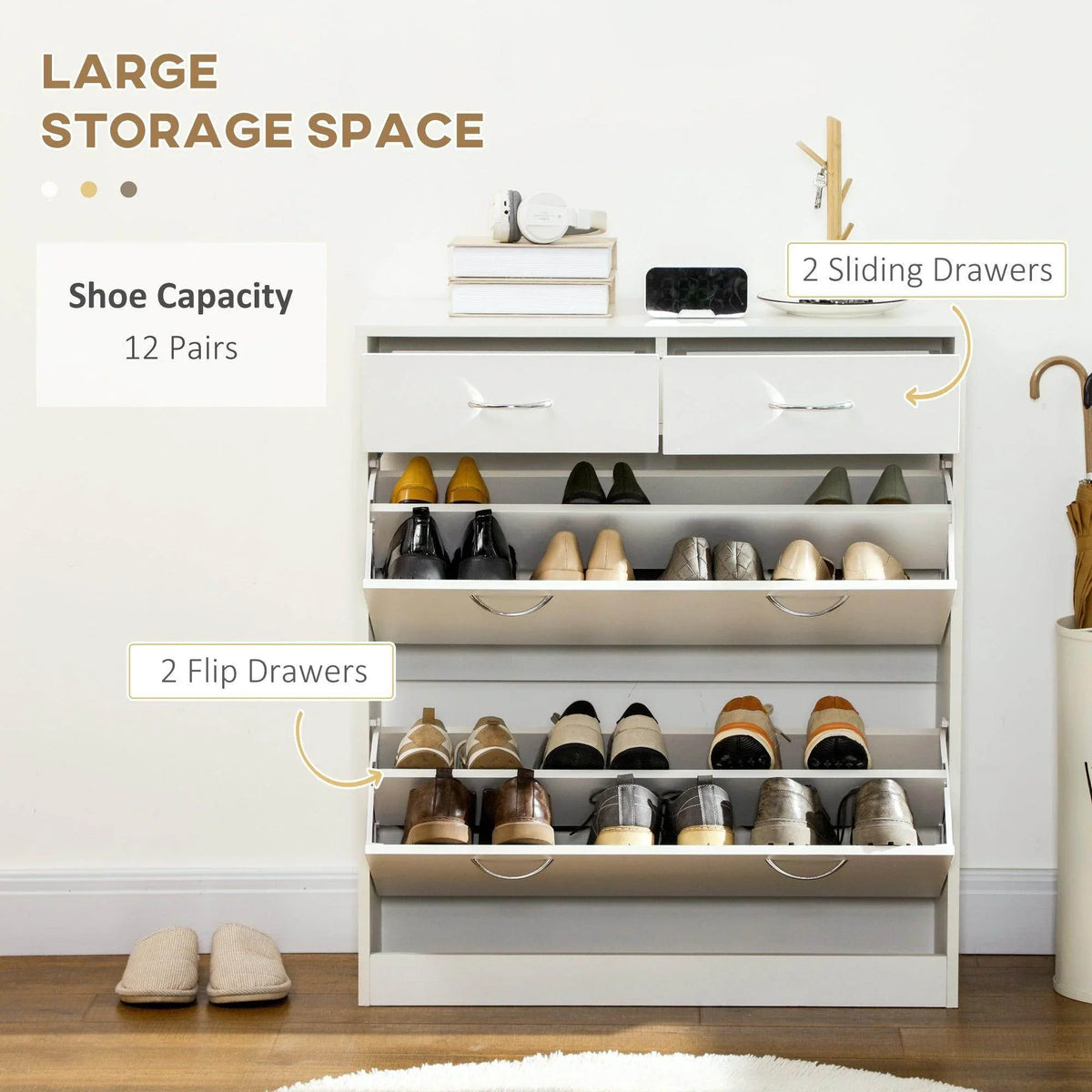 White shoe cabinet organizer with open flip drawers and adjustable shoe shelves