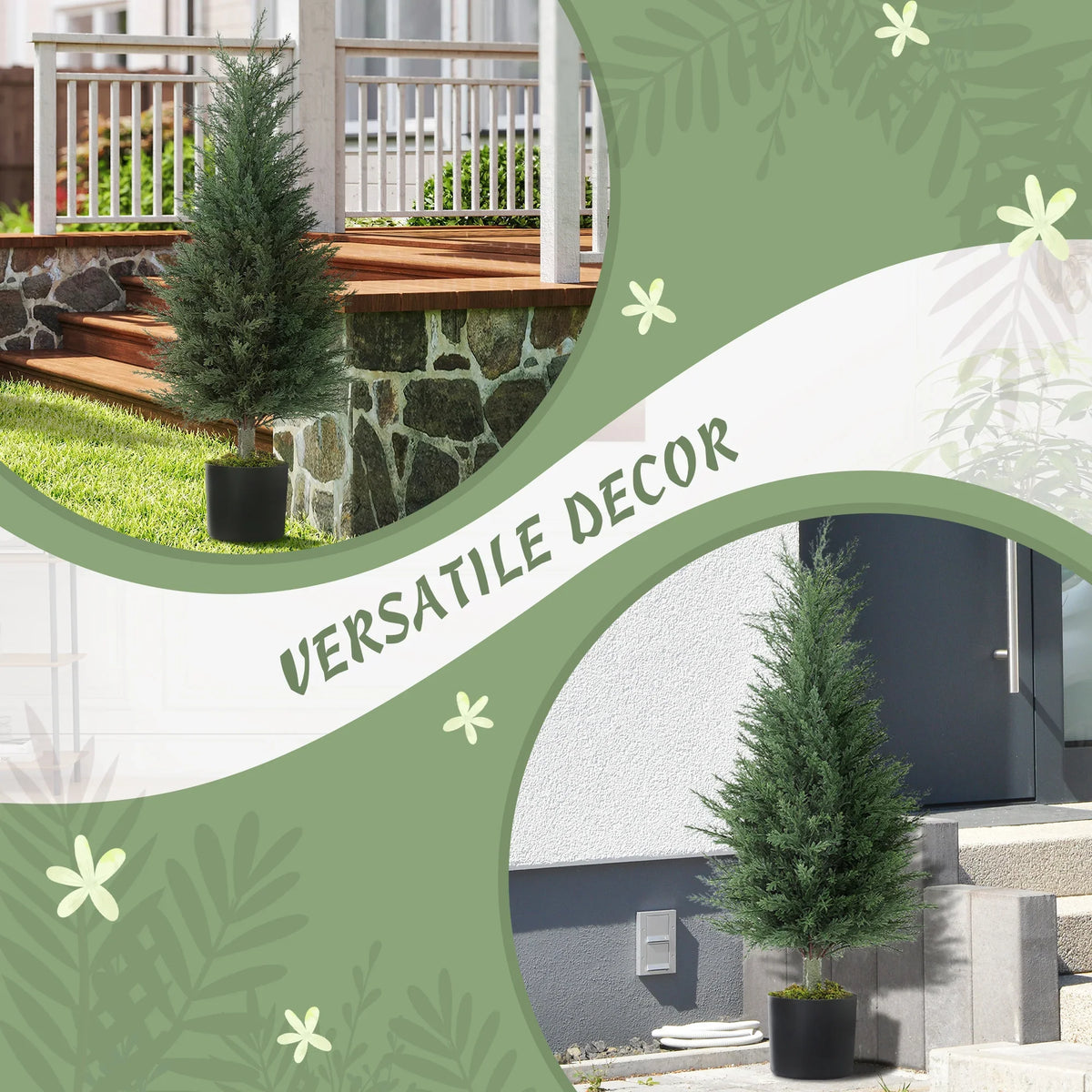 Artificial cypress tree with green faux foliage in black pot, outdoor yard entry decor
