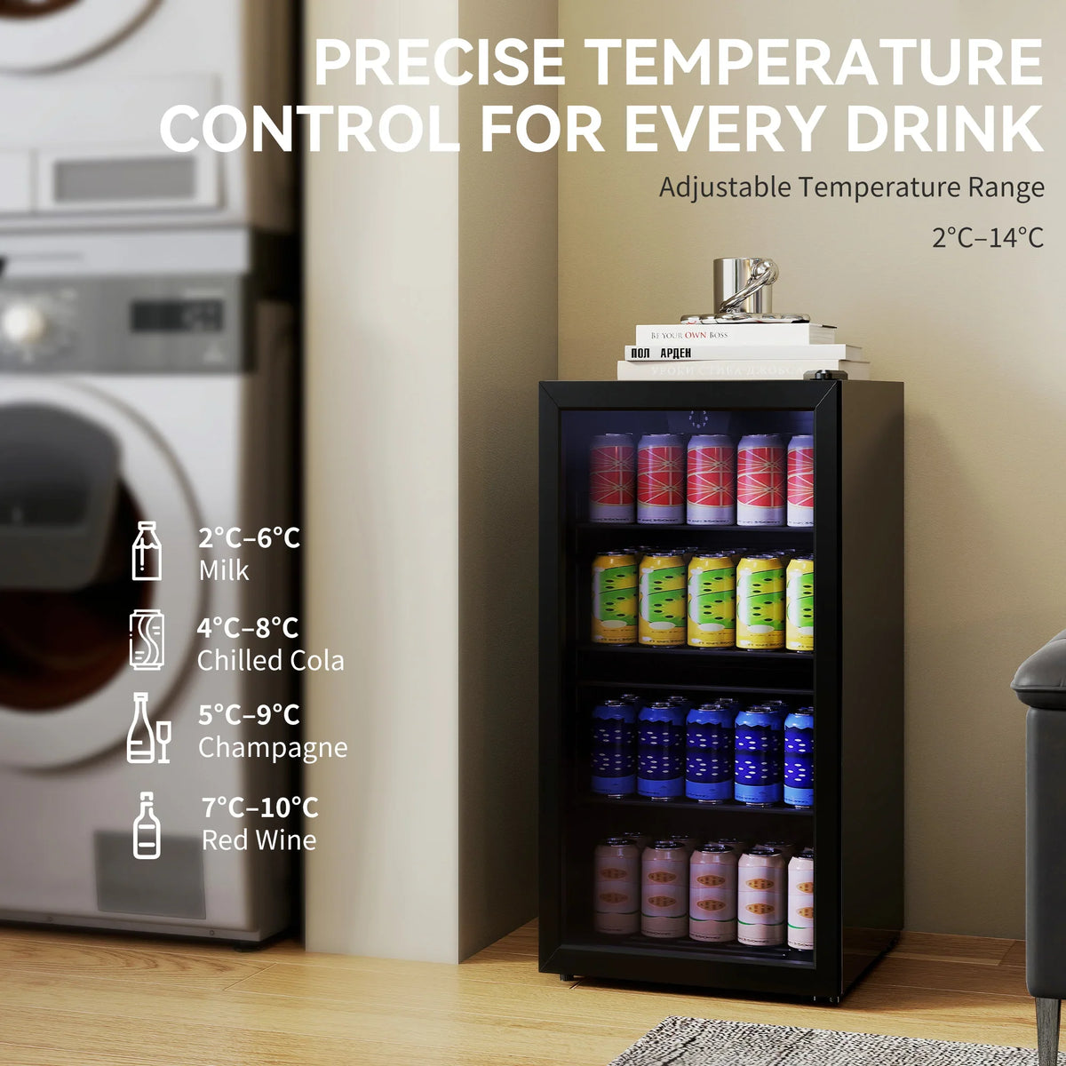 Black freestanding drinks fridge with glass door and drinks arranged on interior shelves.