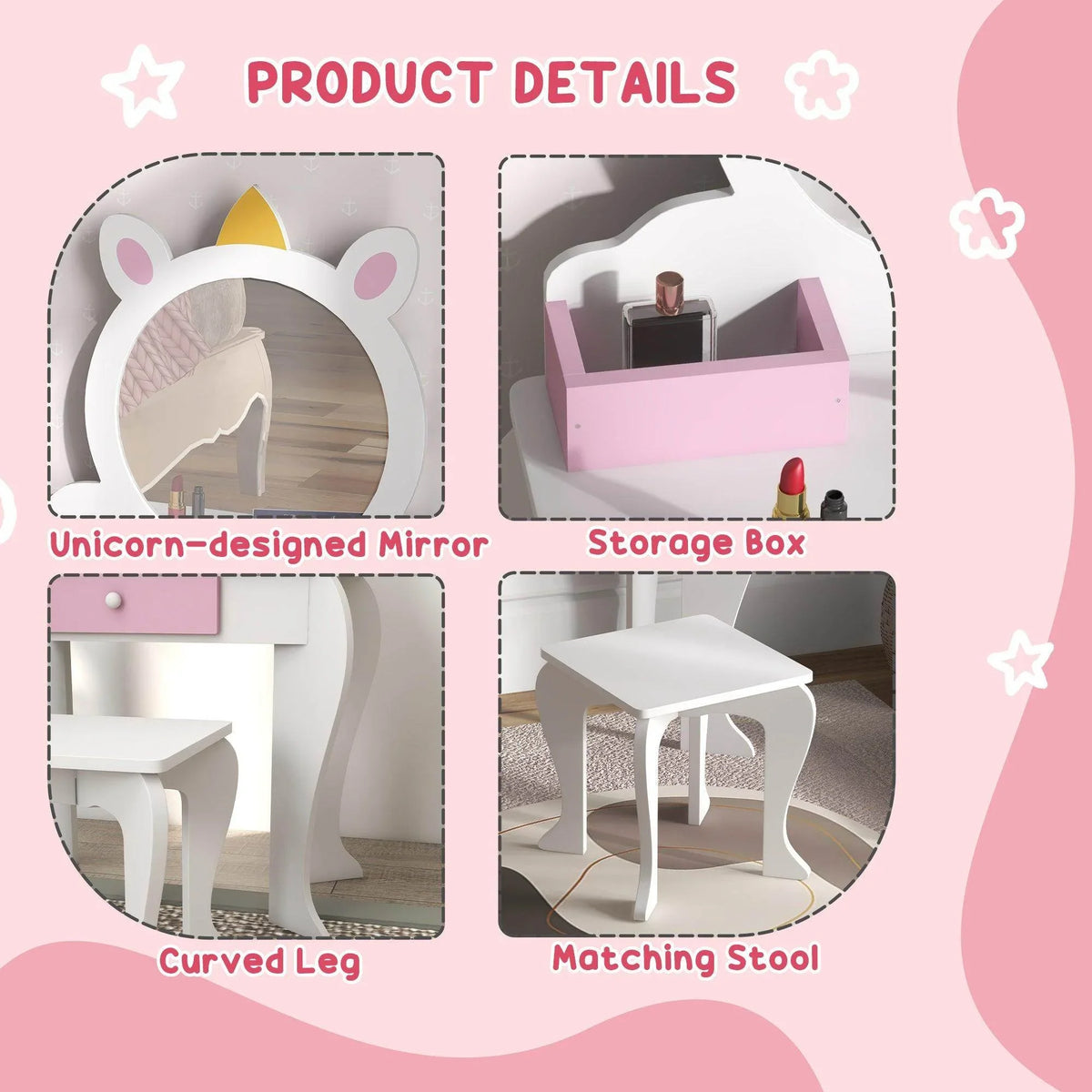 Kids unicorn vanity set detail view: round mirror, storage box, curved legs, matching stool