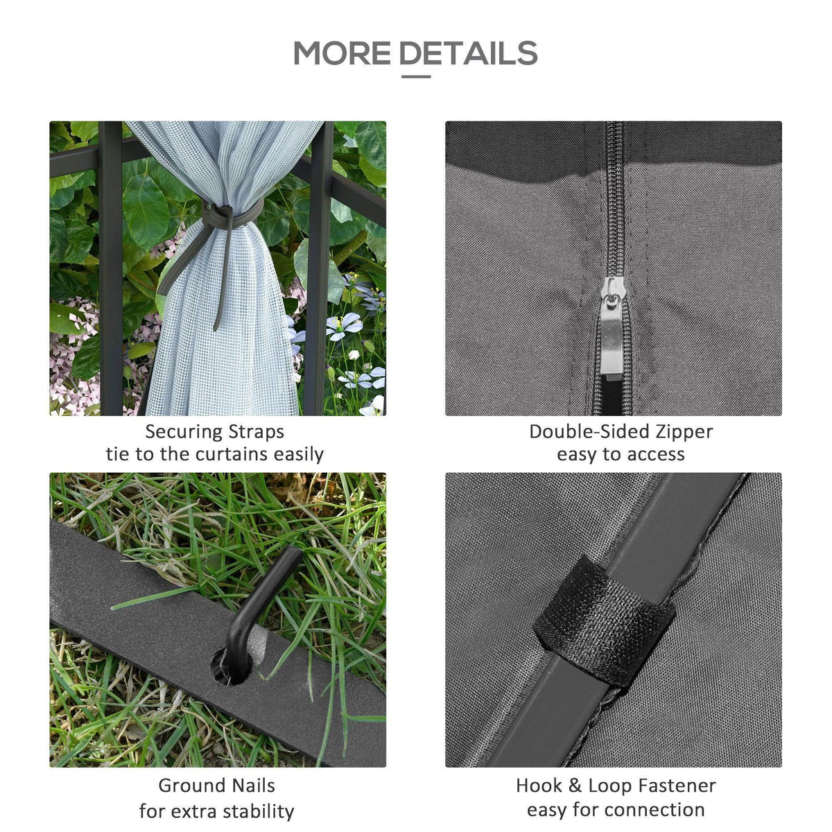 Mosquito netting details with double-sided zipper, hook-and-loop closure, and ground nails