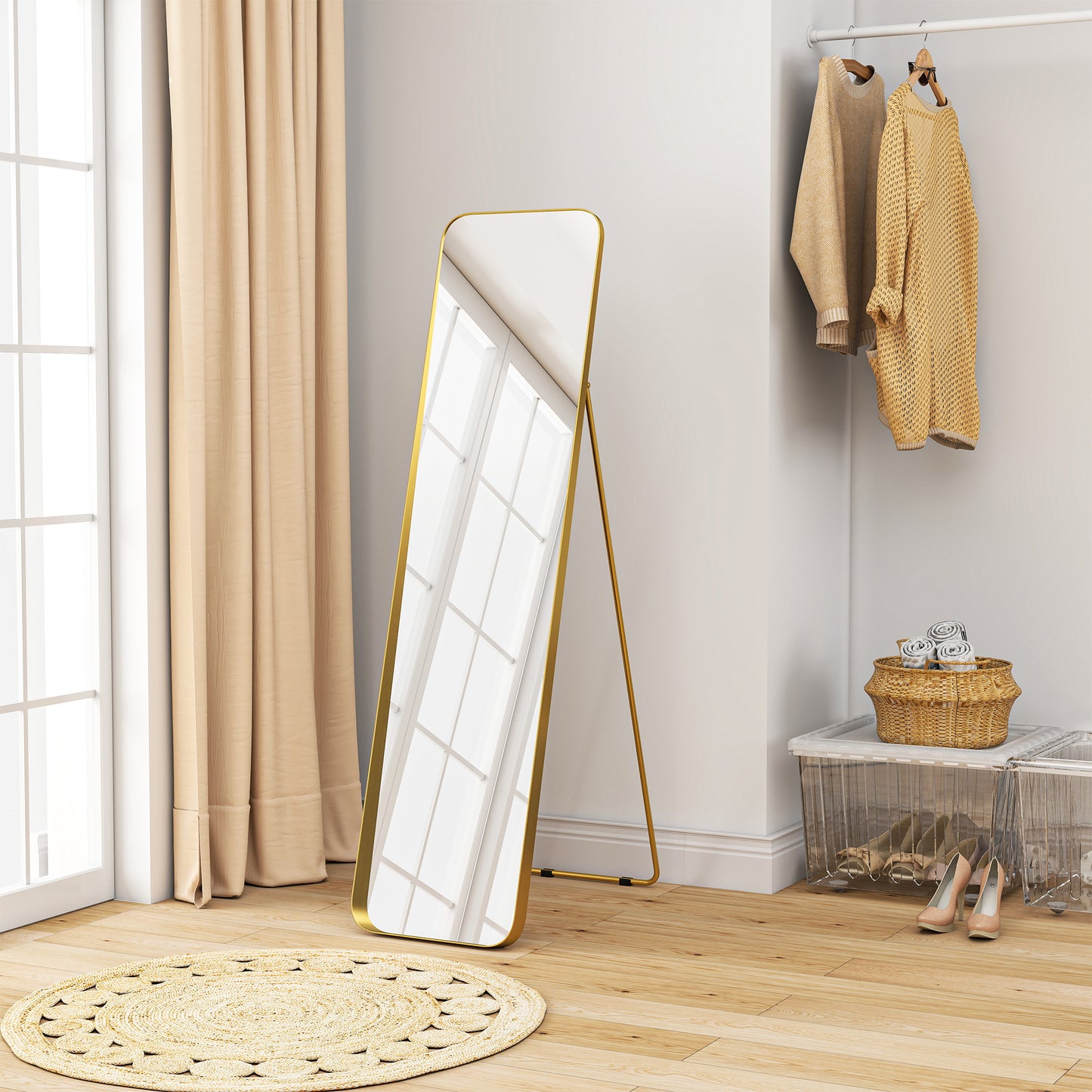 HOMCOM 40 x 160 Cm Rectangular Full Length Mirror Gold Tone With Tilt For Lean Against Wall Or Free Standing Bracket