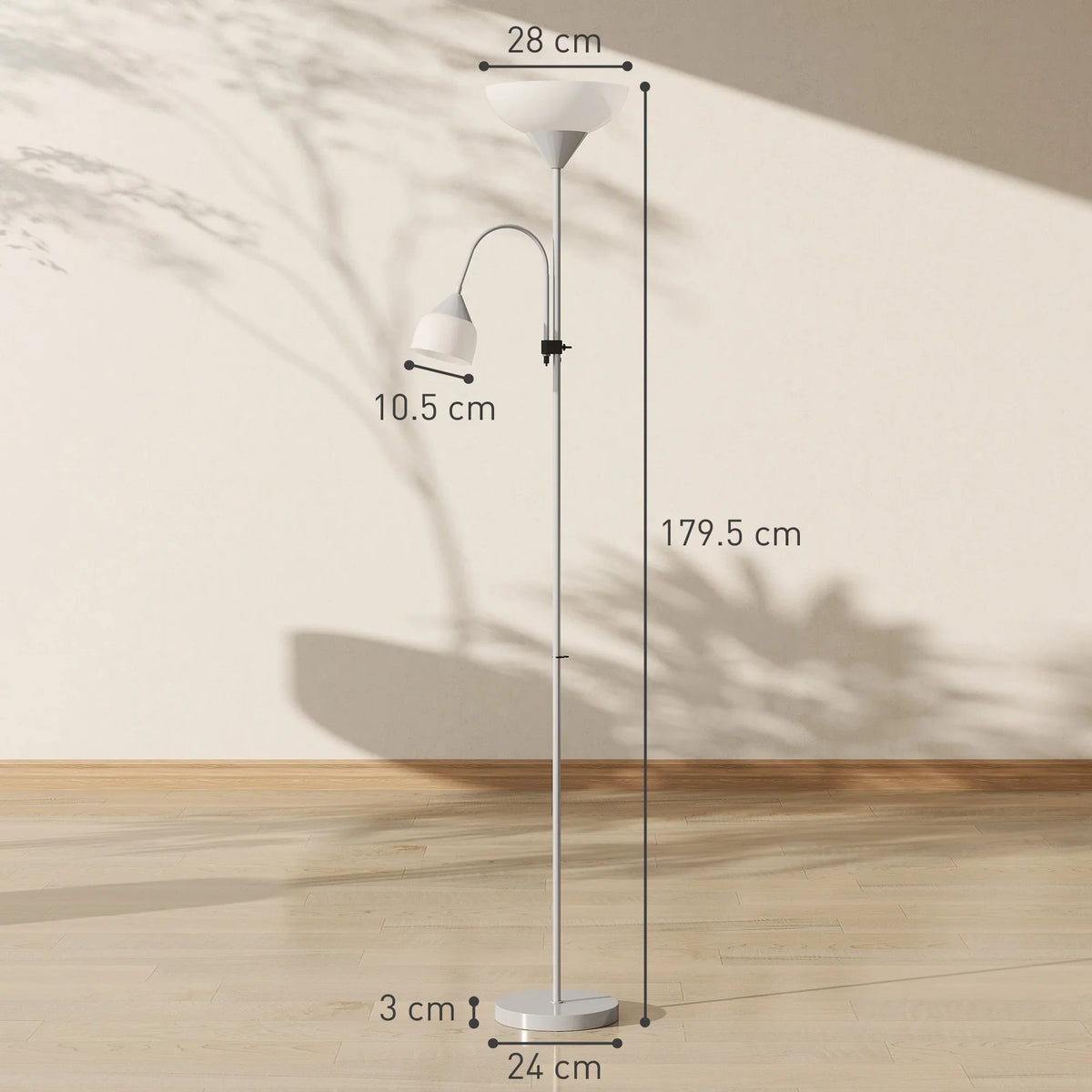 Tall silver LED floor lamp with round base, two white shades (179.5cm)