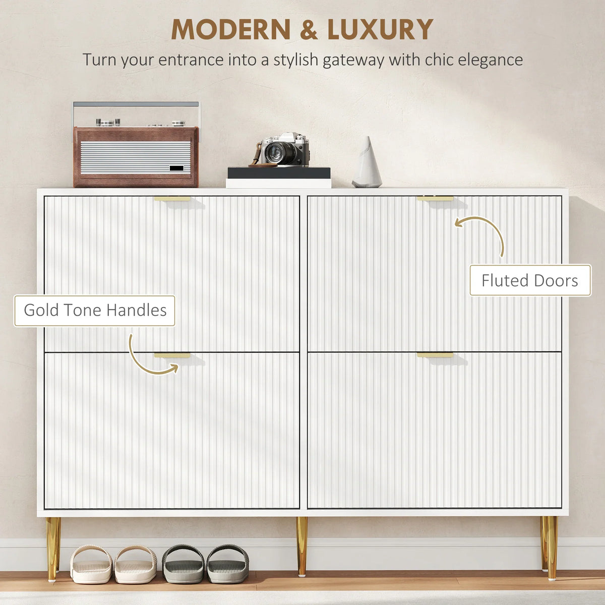 White shoe cabinet with four ridged doors and gold-tone handles, front view.