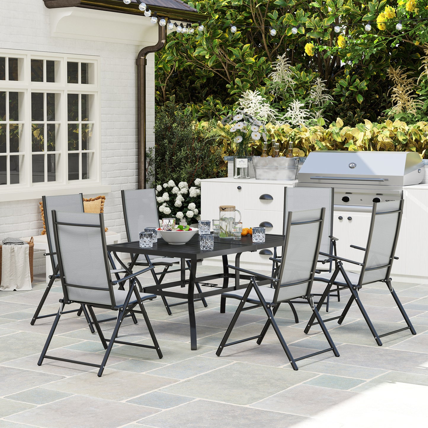 Outsunny Seven Piece Steel Outdoor Dining Set With Parasol Hole Grey Table And Six Folding Chairs