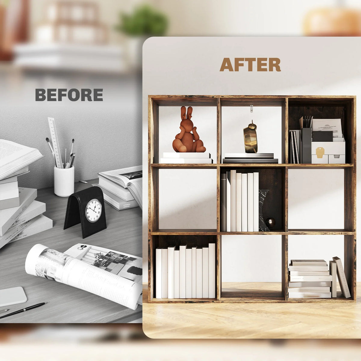 Rustic brown 9-cube storage shelf with open compartments filled with books