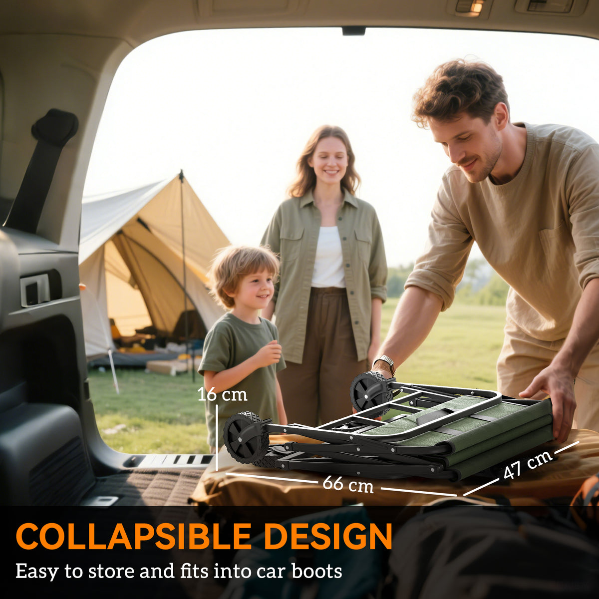 Folding car-boot wagon cart with green fabric base, black frame, and pull handle