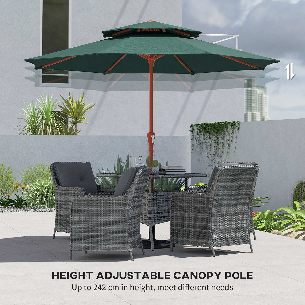 Green double-canopy patio umbrella with height-adjustable pole over lounge chairs