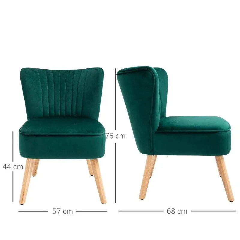 Pair of green velvet accent chairs with curved backrest and light wood legs