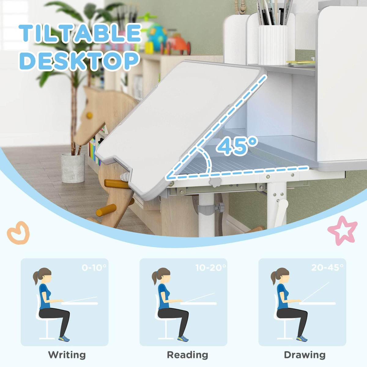 Kids study desk with tiltable tabletop, angled writing surface