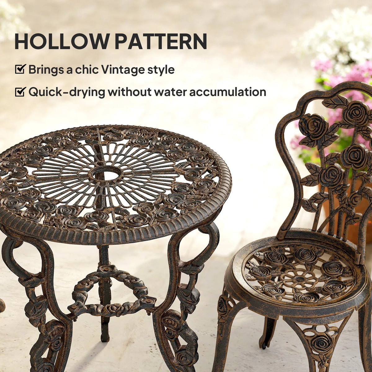 Ornate cast metal round table with hollow filigree tabletop and matching decorative chair.