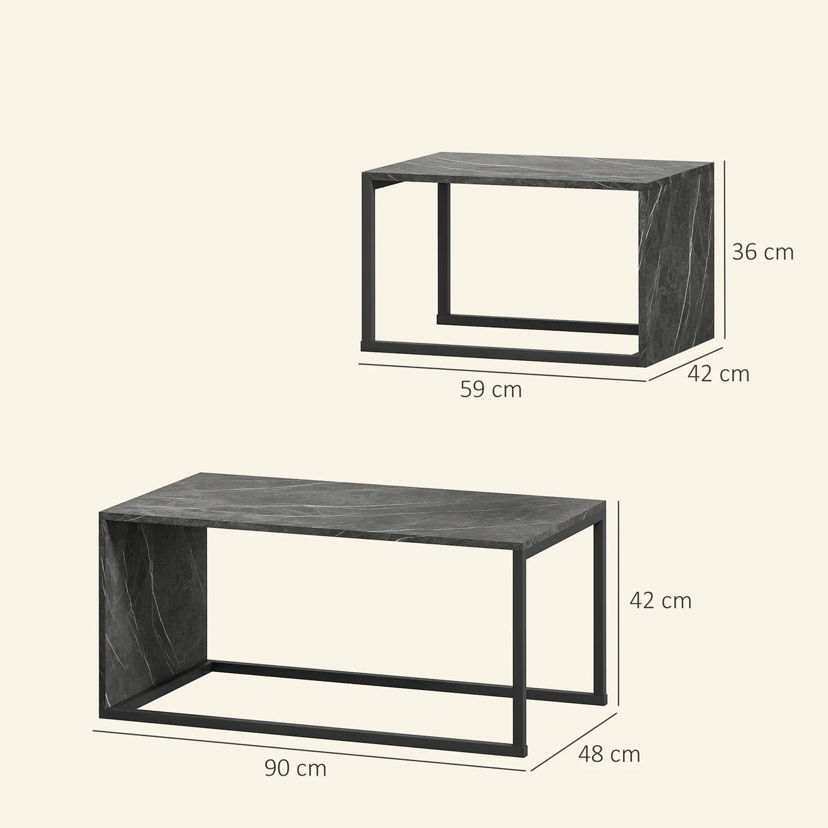 Nesting coffee table set diagram: dark grey marble-effect tops with metal frames.
