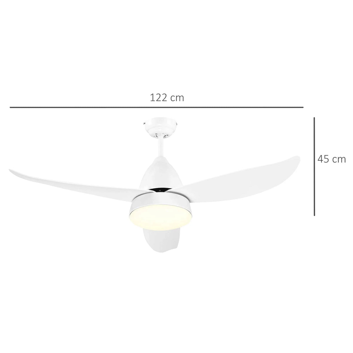 White 3-blade LED ceiling fan with light dome, shown with size dimensions
