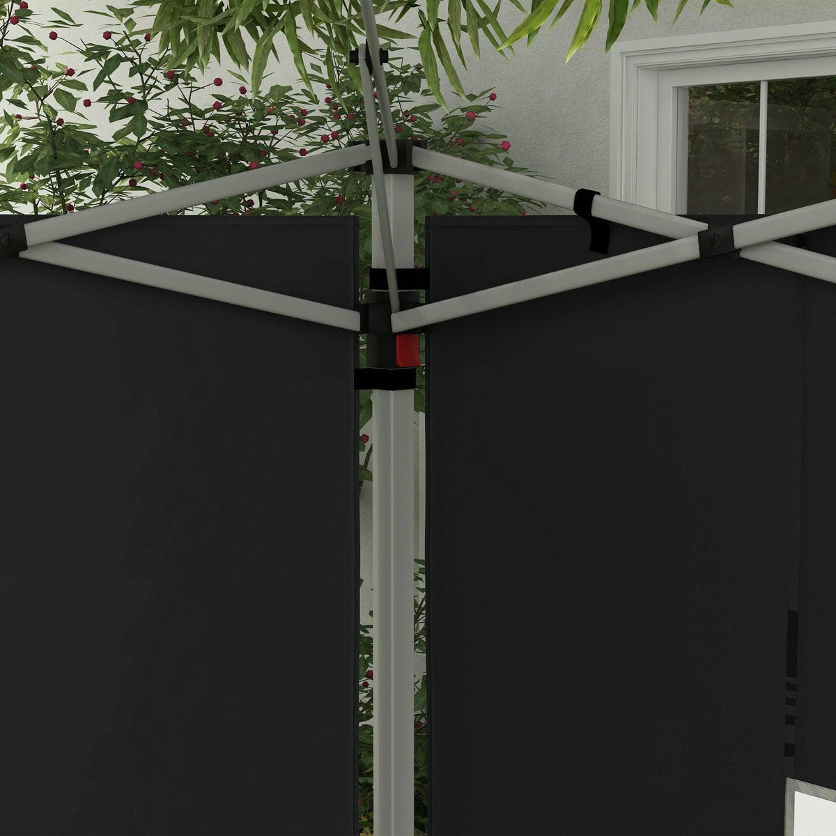 Black gazebo side panel corner with support frame, showing closure area