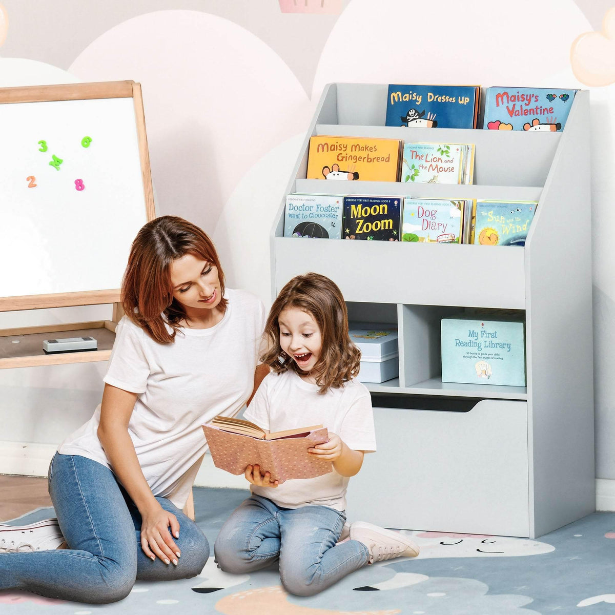 Kids bookcase with three open shelves and book storage drawers, grey