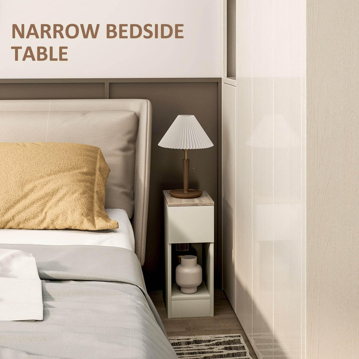 White narrow bedside table with drawer and open shelf, light wood top for small spaces.
