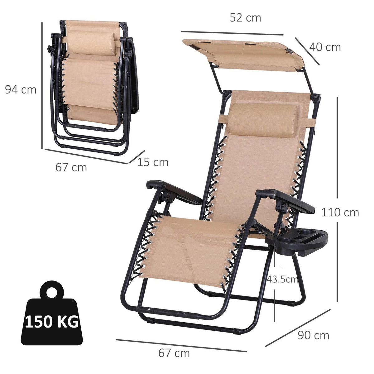 Beige adjustable reclining garden chair with canopy, footrest, and detachable cup-holder tray