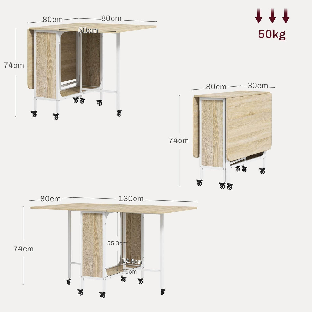 Folding dining table design with storage cabinet and caster wheels, light wood.