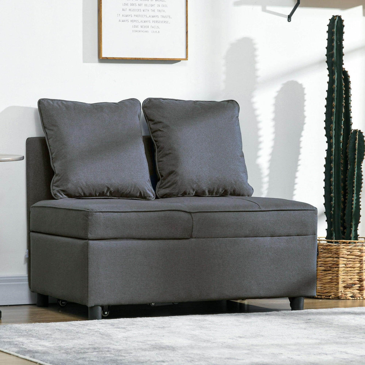 Grey convertible chair bed loveseat with two padded back pillows and square arms