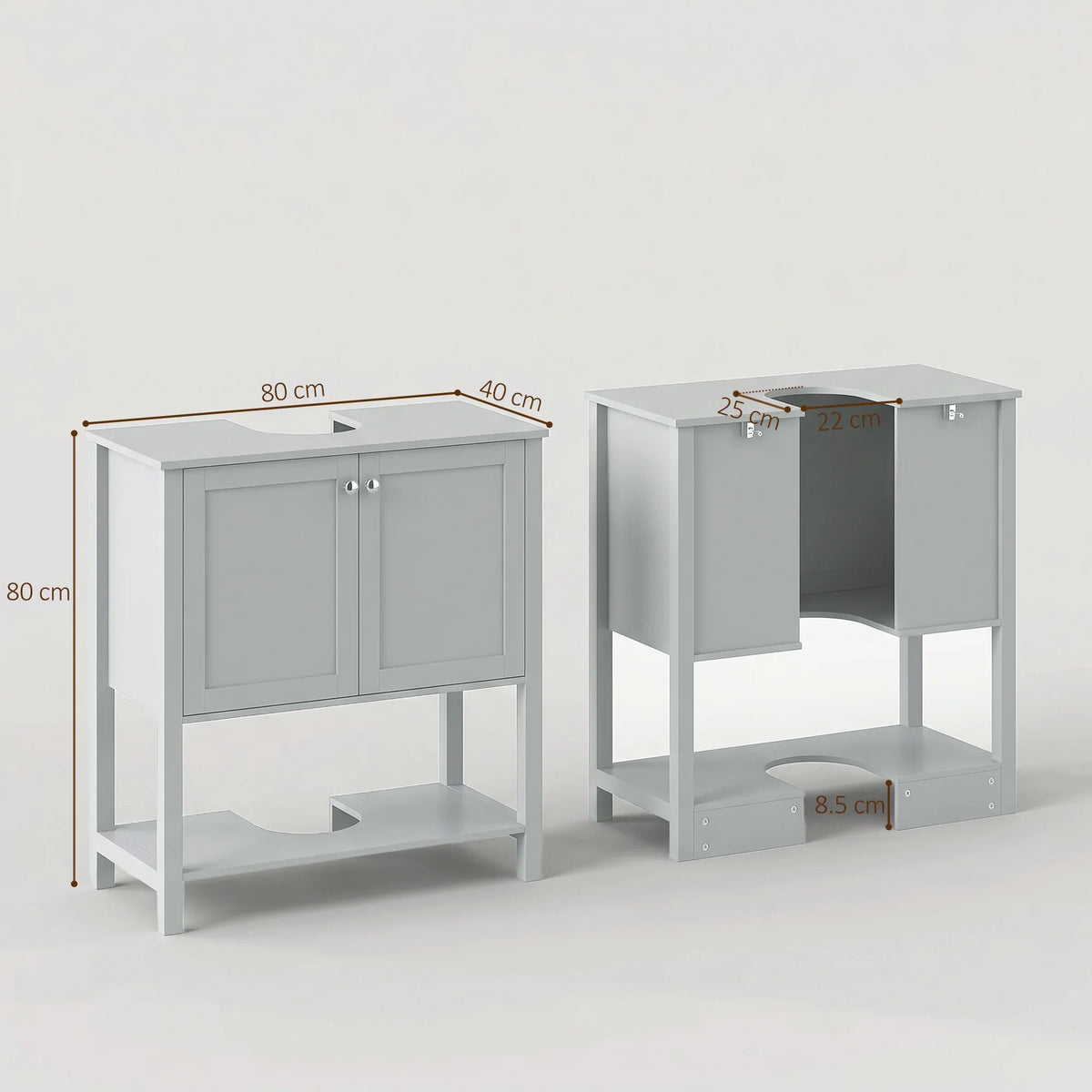 Light blue under-sink cabinet with two doors and open shelf, U-shaped cutout