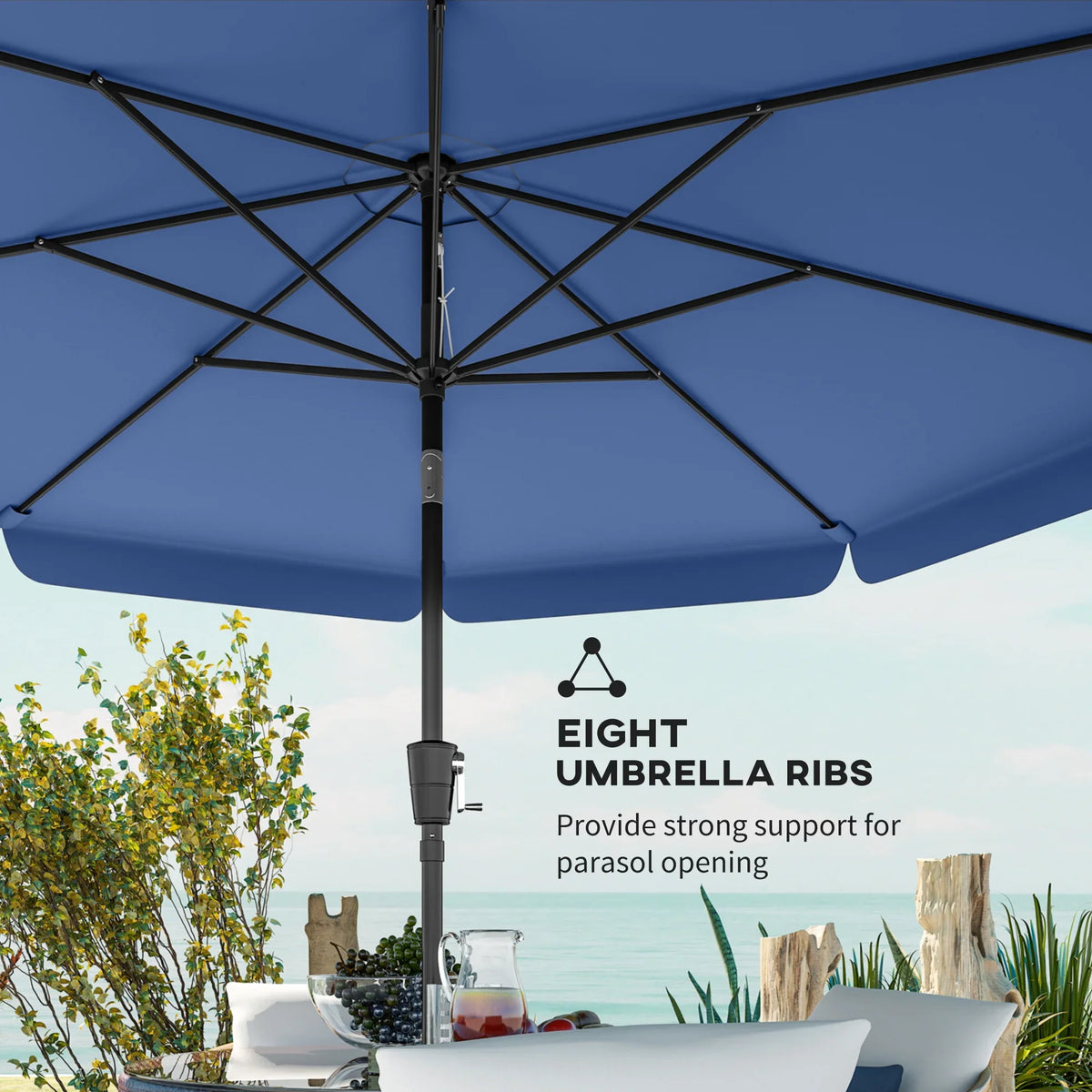 Close-up of dark blue patio umbrella ribs and central support pole