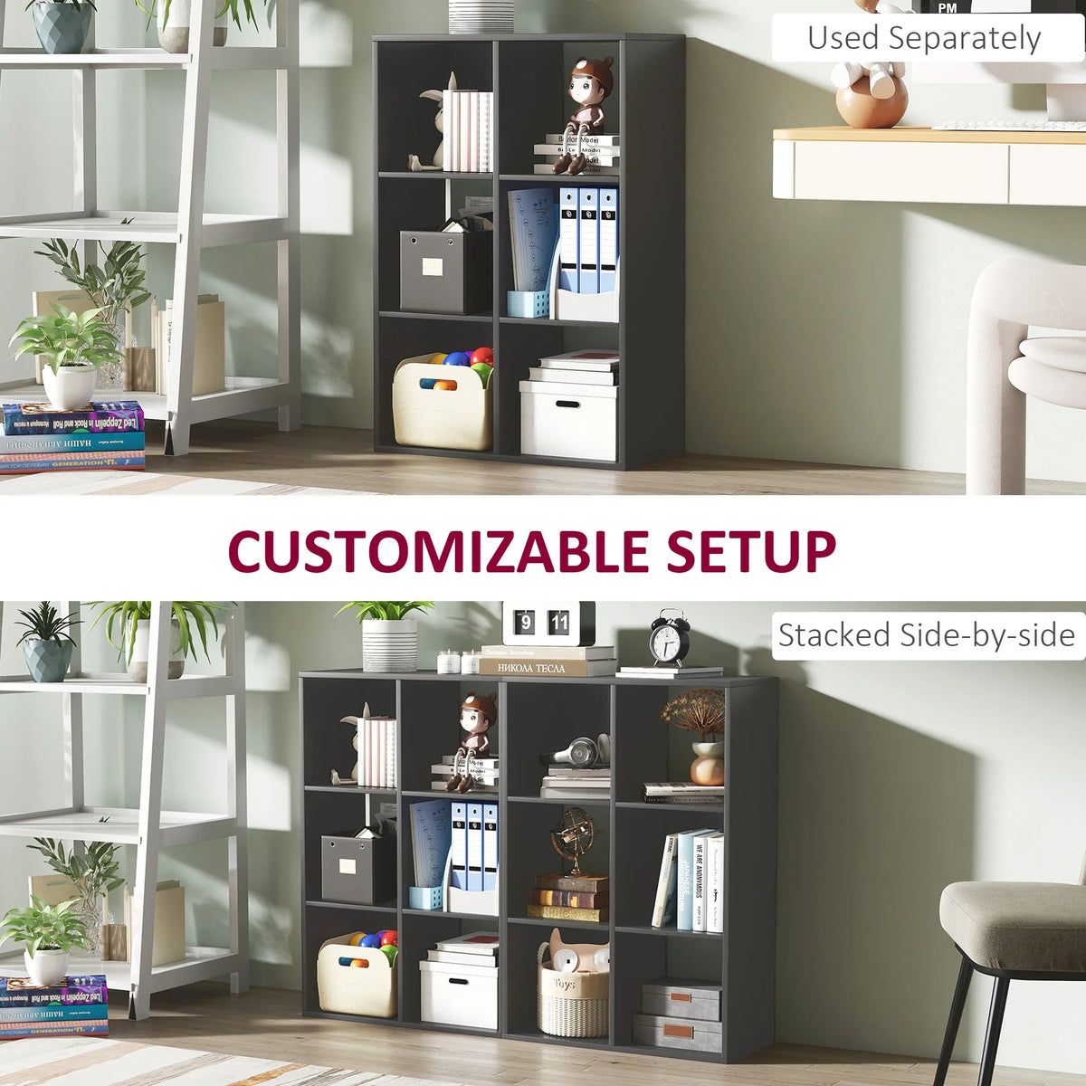 Black six-cube storage bookshelf with bins and books in an open layout