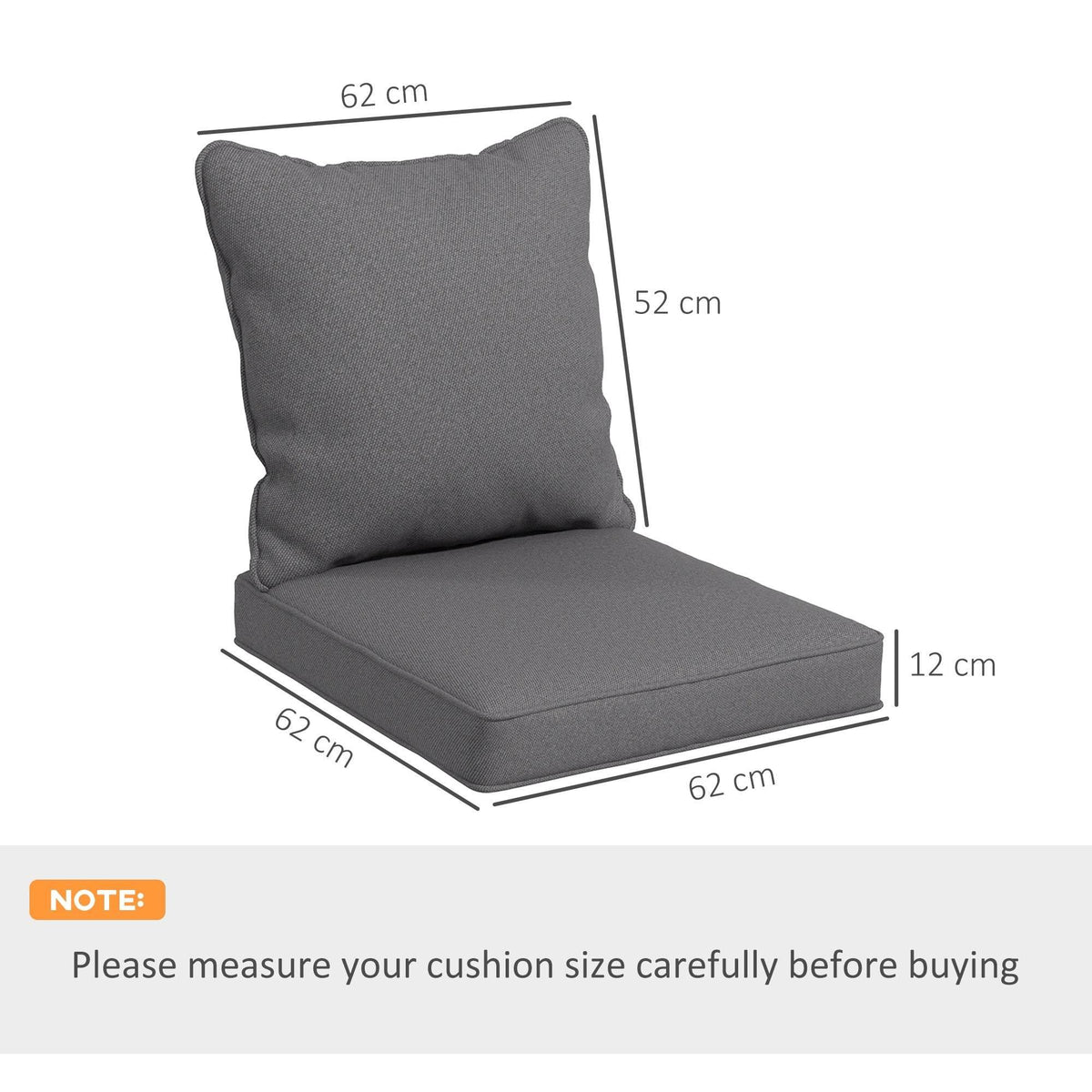 Charcoal grey seat cushion with attached back pad, 62 x 52 cm