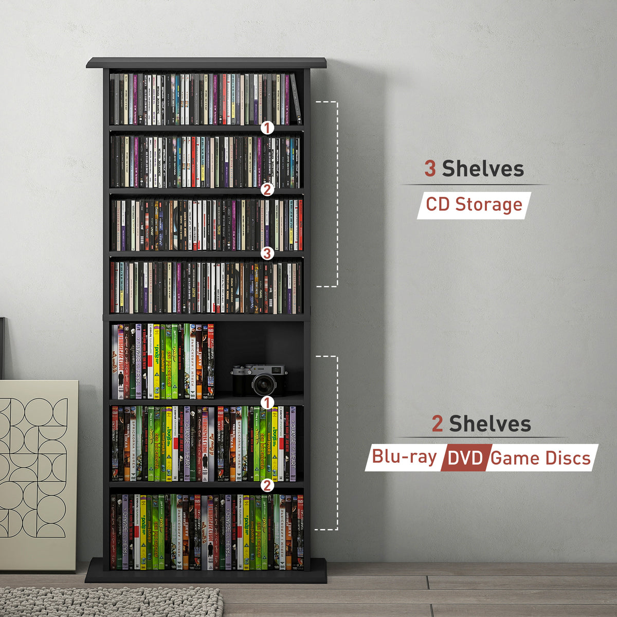 Black CD storage unit with open shelves, packed with colorful disc cases