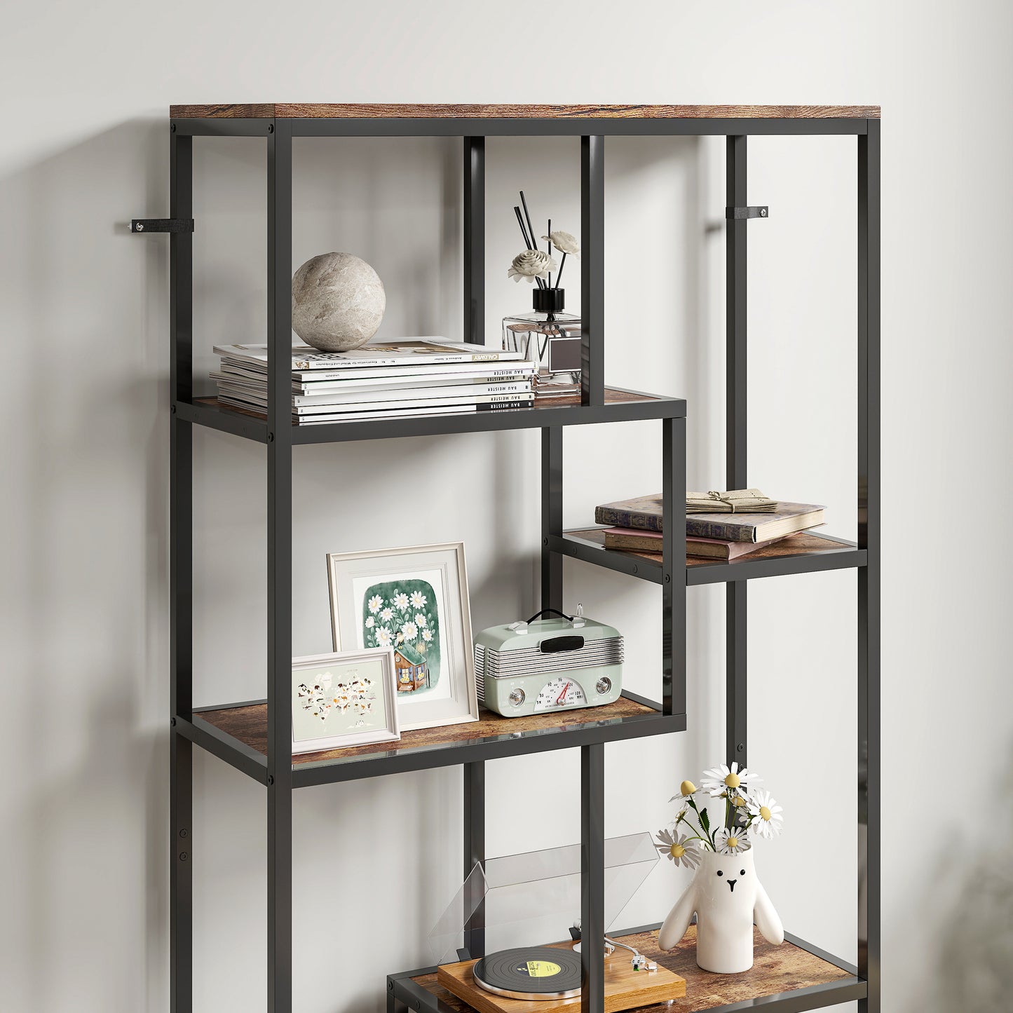 HOMCOM Seven Tier Geometric Bookcase Brown And Black Metal Frame Shelving Unit For Display
